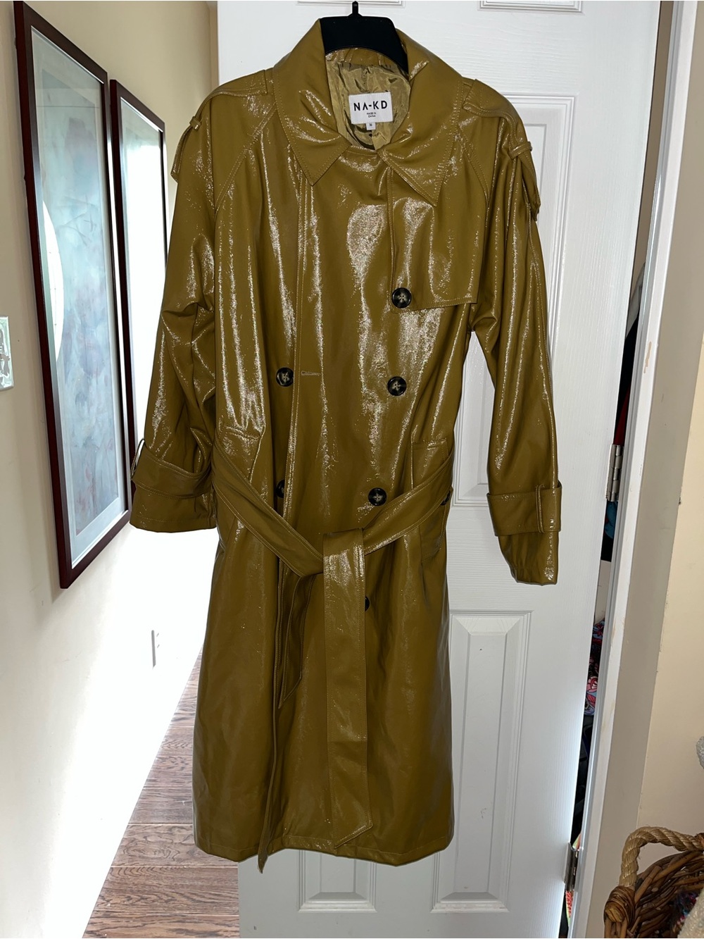 NA-KD Olive Patent Double-Breasted Trench Coat with Belt